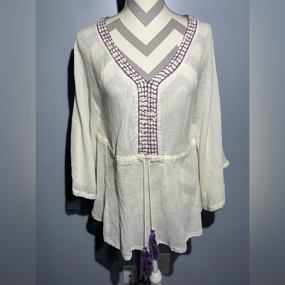 Nine West Cream and Purple Tunic with Embellished Bell Sleeves